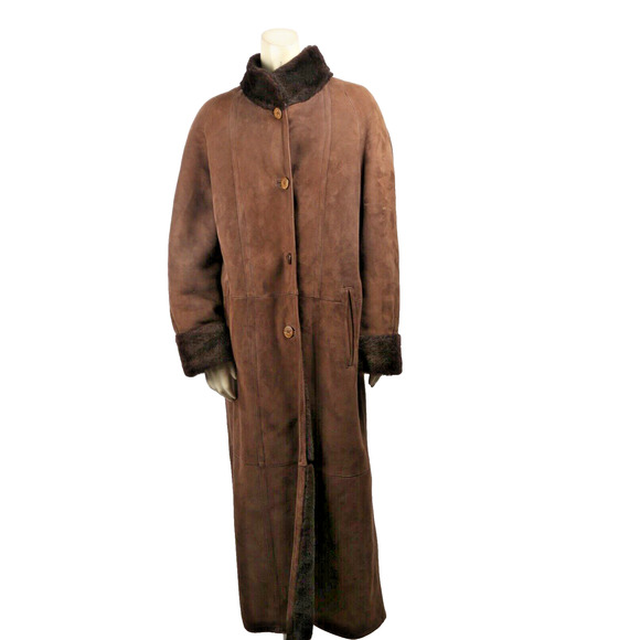 Vintage Julio Tango Brown Suede Shearling Collar Fur Trim Long Winter Coat Sz 12